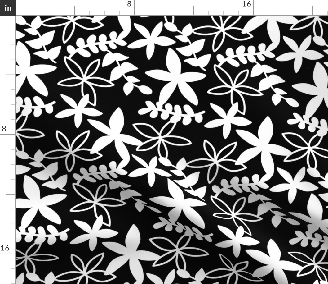 The minimal tropical leaves and flower blossom garden silhouettes summer design black and white monochrome