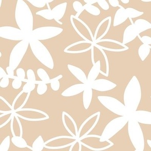 The minimal tropical leaves and flower blossom garden silhouettes summer design white on sand camel