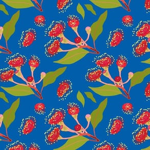 Scarlet Eucalyptus Blossom - ocean blue, medium to large 