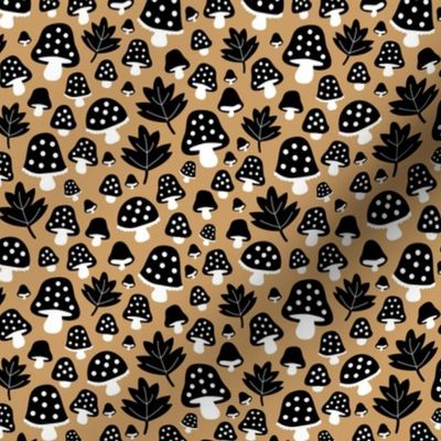 Little fall Scandinavian garden toadstool and leaves sweet romantic fairy forest autumn design black and white on caramel brown