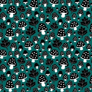 Little fall Scandinavian garden toadstool and leaves sweet romantic fairy forest autumn design black and white on teal green blue night 