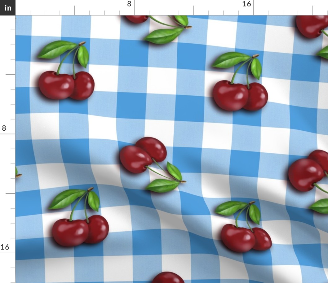 Cherries on Electric Blue Gingham