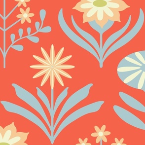 Tami Mid-Century Modern Retro Mod Floral in Orange Blue Yellow Cream on Coral Orange - JUMBO Scale - UnBlink Studio by Jackie Tahara