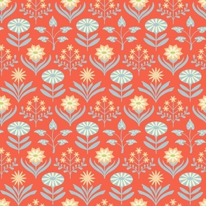Tami Mid-Century Modern Retro Mod Floral in Orange Blue Yellow Cream on Coral Orange - SMALL Scale - UnBlink Studio by Jackie Tahara