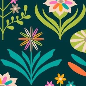 Tami Mid-Century Modern Retro Mod Floral in Bright Turquoise Green Yellow Orange Pink Cream on Teal -JUMBO Scale - UnBlink Studio by Jackie Tahara