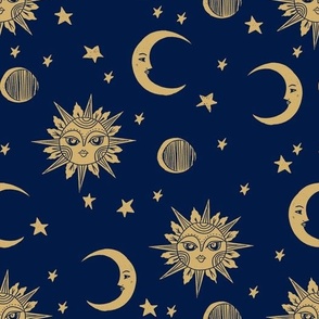 sun moon stars fabric - linocut fabric, mystic tarot fabric, moon phase, witch, ouija, mystical, magic, magical fabric - navy and gold