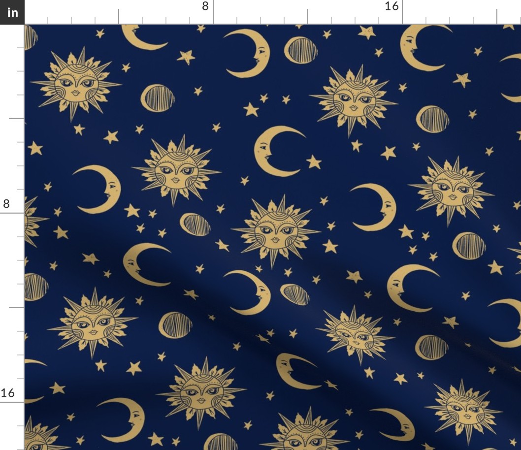 sun moon stars fabric - linocut fabric, mystic tarot fabric, moon phase, witch, ouija, mystical, magic, magical fabric - navy and gold