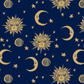 SMALL sun moon stars fabric - linocut fabric, mystic tarot fabric, moon phase, witch, ouija, mystical, magic, magical fabric - navy and gold