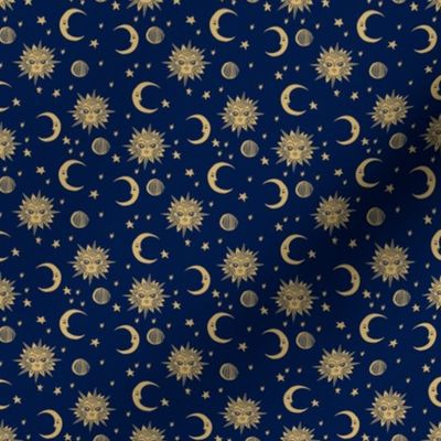 MINI sun moon stars fabric - linocut fabric, mystic tarot fabric, moon phase, witch, ouija, mystical, magic, magical fabric - navy and gold