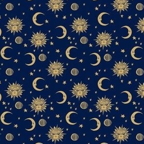 MINI sun moon stars fabric - linocut fabric, mystic tarot fabric, moon phase, witch, ouija, mystical, magic, magical fabric - navy and gold