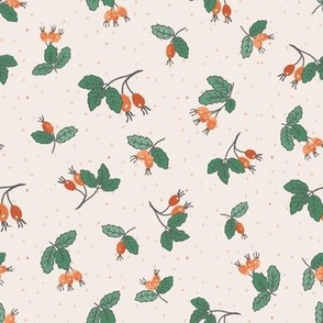318 - Orange and green "Rosa Mosqueta" (rosehips) with polka dots - medium scale for kids apparel, Sunday best dresses, home decor, non directional berries and leaves.