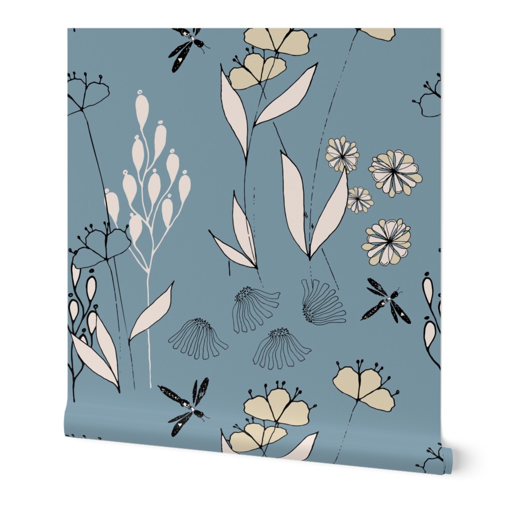 Poppies And Dragonflies - Blue and Neutral.