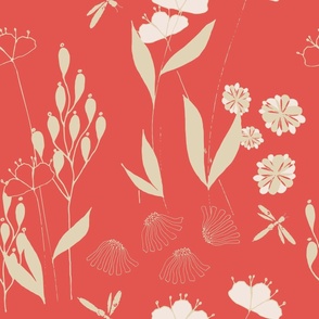 Poppies And Dragonflies - Red and Neutral.
