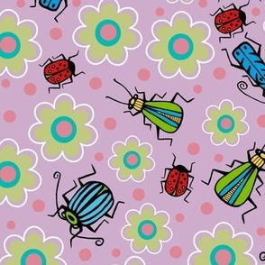 Beetles  and flowers - pink polkadots - large