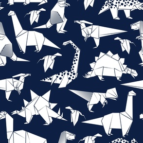 Large jumbo scale // Origami dino friends // oxford blue background white paper dinosaurs