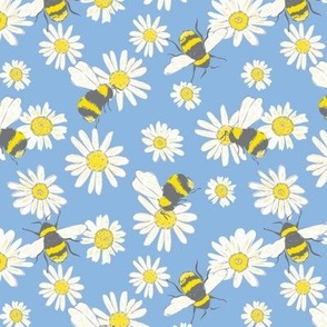 Daisy Bumble Bees Print - on sky blue 