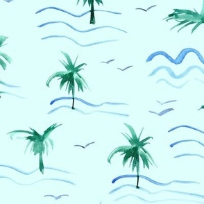 paradise ocean waves with palms and seagulls - watercolor summer sea beach vibes a372-3