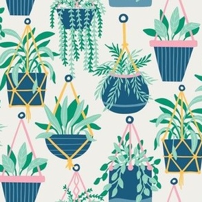 Medium Hanging Potted Plants Boho Botanical  Nature in green and navy blue on off white