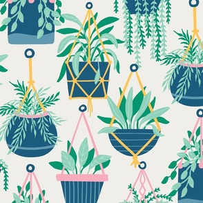 XL Hanging Potted Plants Boho Botanical  Nature in green and navy blue on off white