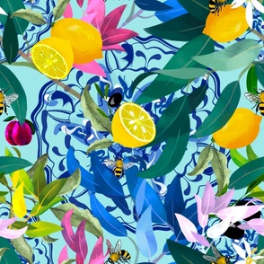 Light blue,citrus,bees,Mediterranean art