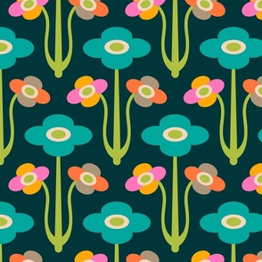 Yvette Mid-Century Modern Retro Mod Floral in Bright Turquoise Green Yellow Pink Cream on Teal - JUMBO Scale - UnBlink Studio by Jackie Tahara