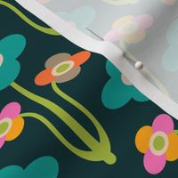 Yvette Mid-Century Modern Retro Mod Floral in Bright Turquoise Green Yellow Pink Cream on Teal - LARGE Scale - UnBlink Studio by Jackie Tahara