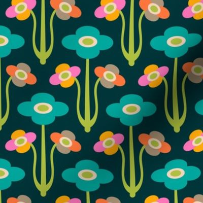 Yvette Mid-Century Modern Retro Mod Floral in Bright Turquoise Green Yellow Pink Cream on Teal - LARGE Scale - UnBlink Studio by Jackie Tahara
