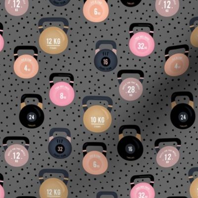 Kettle Bells for fit girls fun gym design with weights with funny quotes and affirmations black dots soft blue caramel pink on gray 