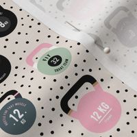Kettle Bells for fit girls fun gym design with weights with funny quotes and affirmations black dots pink mint purple pastel on sand