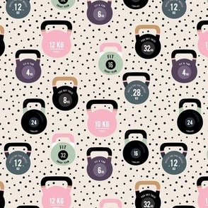 Kettle Bells for fit girls fun gym design with weights with funny quotes and affirmations black dots pink mint purple pastel on sand