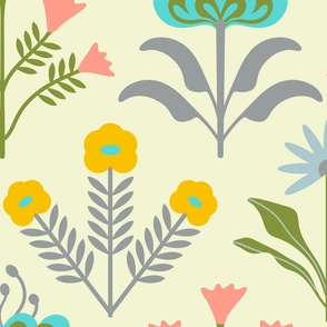 Lora Mid-Century Modern Retro Mod Floral in Turquoise Pink Yellow Green Gray on Spring Light Yellows - JUMBO Scale - UnBlink Studio by Jackie Tahara