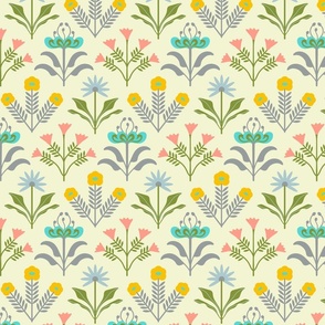 Lora Mid-Century Modern Retro Mod Floral in Turquoise Pink Yellow Green Gray on Spring Light Yellow - SMALL Scale - UnBlink Studio by Jackie Tahara