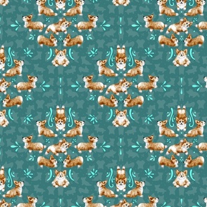 Corgi Yoga Damask - green teal - small - fun dogs, dog breeds