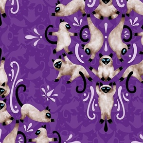 Cat Yoga Damask - Aubergine - Large Scale 