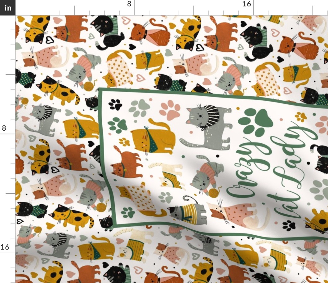 Large 27x18 Fabric Fat Quarter Panel for Tea Towel or Wall Art Hanging Crazy Cat Lady