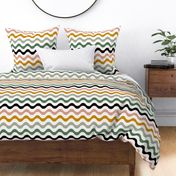 Large Scale Wavy Stripes Crazy Cat Lady Coordinate in Green Pink Black and Yellow Gold