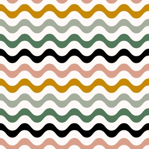 Large Scale Wavy Stripes Crazy Cat Lady Coordinate in Green Pink Black and Yellow Gold