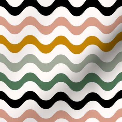 Medium Scale Wavy Stripes Crazy Cat Lady Coordinate in Green Pink Black and Yellow Gold