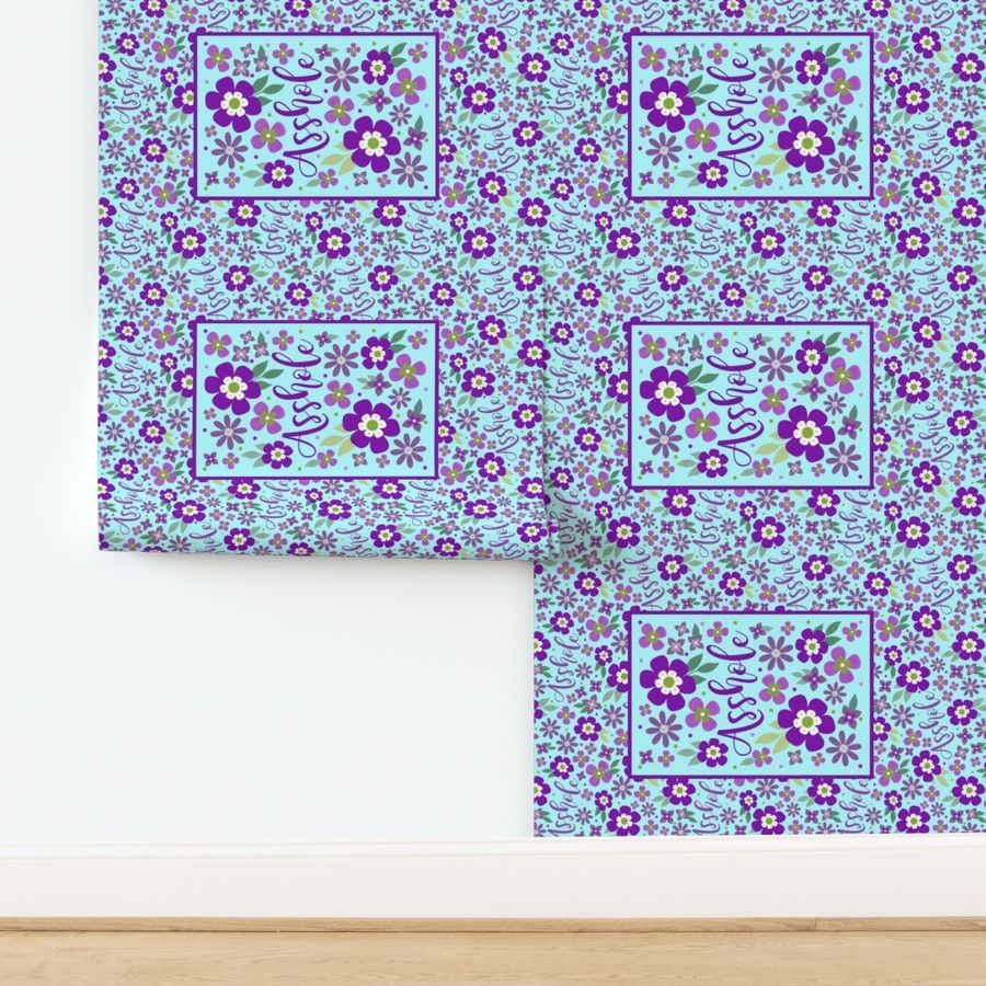 Large 27x18 Fat Quarter Panel Asshole Purple Floral on Blue Funny Adult Swear Humor for Wall Hanging or Tea Towel