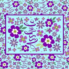 Large 27x18 Fat Quarter Panel Asshole Purple Floral on Blue Funny Adult Swear Humor for Wall Hanging or Tea Towel