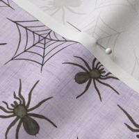 Bigger Scale Black Watercolor Halloween Spiders and Webs on Soft Purple Texture 