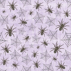 Bigger Scale Black Watercolor Halloween Spiders and Webs on Soft Purple Texture 