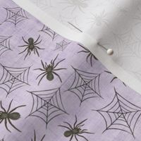 Smaller Scale Black Watercolor Halloween Spiders and Webs on Soft Purple Texture 