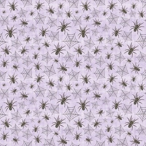 Smaller Scale Black Watercolor Halloween Spiders and Webs on Soft Purple Texture 