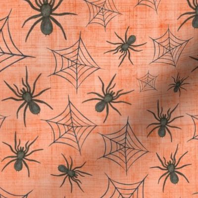 Bigger Scale Black Watercolor Halloween Spiders and Webs on Soft Orange Texture 