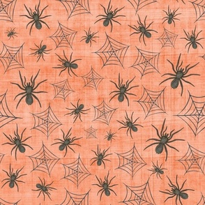Bigger Scale Black Watercolor Halloween Spiders and Webs on Soft Orange Texture 