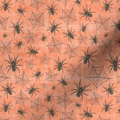Smaller Scale Black Watercolor Halloween Spiders and Webs on Soft Orange Texture 