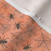 Smaller Scale Black Watercolor Halloween Spiders and Webs on Soft Orange Texture 