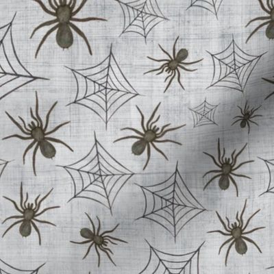 Bigger Scale Black Watercolor Halloween Spiders and Webs on Soft Grey Texture 