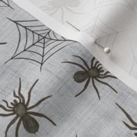 Bigger Scale Black Watercolor Halloween Spiders and Webs on Soft Grey Texture 